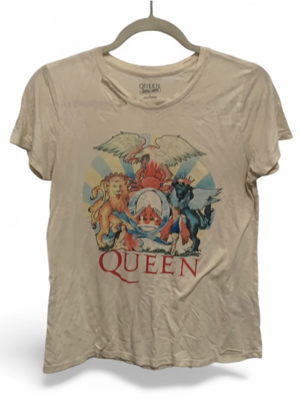 Lucky Brand Queen Cream Graphic Band Tee with Multicolor Crest